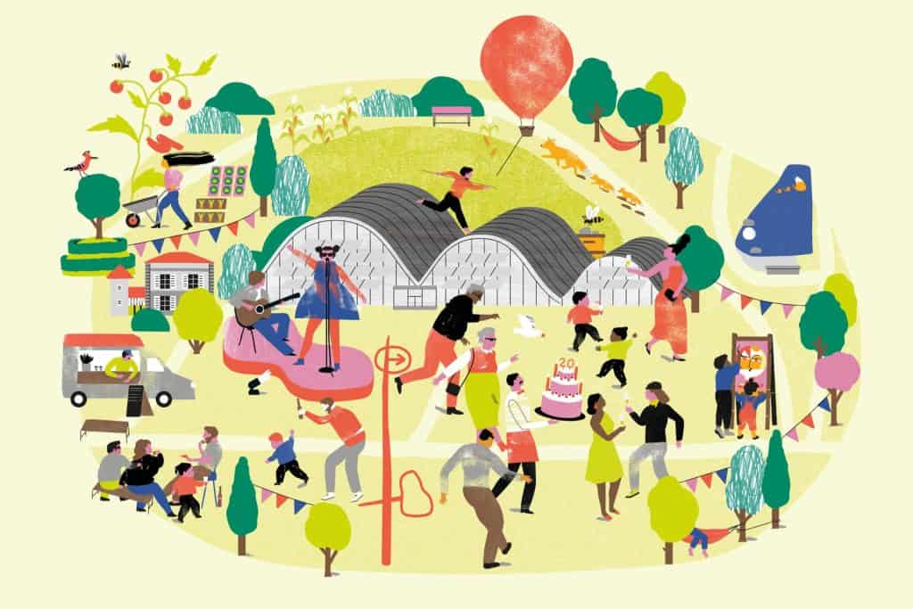 Izvor: Paul Klee Zentrum / Ilustracija proslave 20 godina Centra Paul Klee s posjetiteljima, glazbom i balonom.