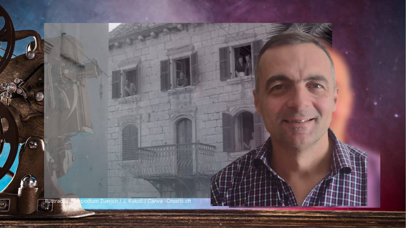 Juraj Kukoč, filmski arhivist, nasmijan pozira u arhivi s filmskim trakama u pozadini, spreman za intervju o projekciji filmova o hrvatskim otocima.