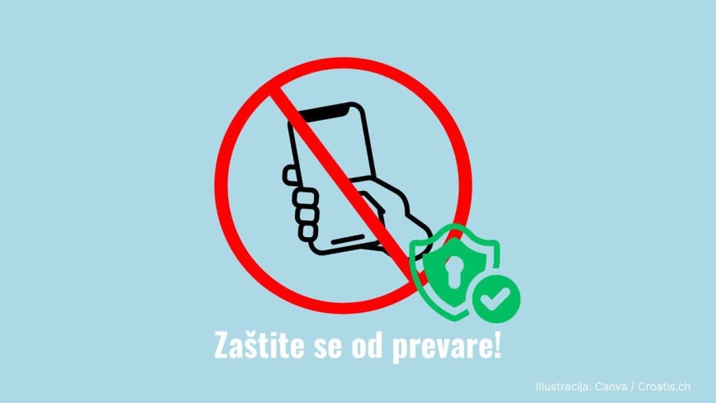 Ilustracija prekriženog mobitela s lokotom simbolizira zaštitu od lažnih poziva i prevara policije te bankara u Švicarskoj. Članak pruža savjete za prepoznavanje prevaranata i sigurnost e-bankinga za Hrvate u Švicarskoj.