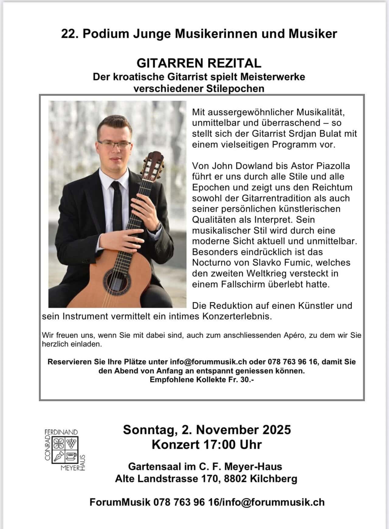 Najavni plakat za 22. Podium mladih glazbenika: Recital gitare Srđana Bulata, 2. studenog 2025.