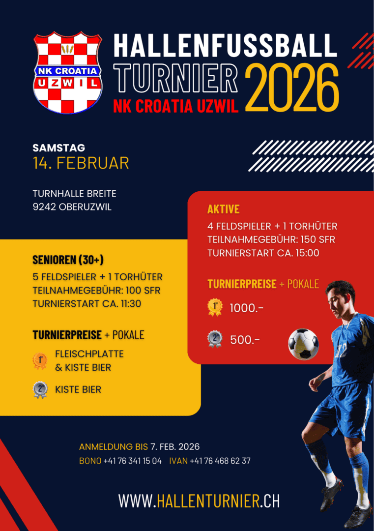 Dvoranski nogometni turnir kod NK Croatia Uzwil - Hallenturnier 2026 Flyer