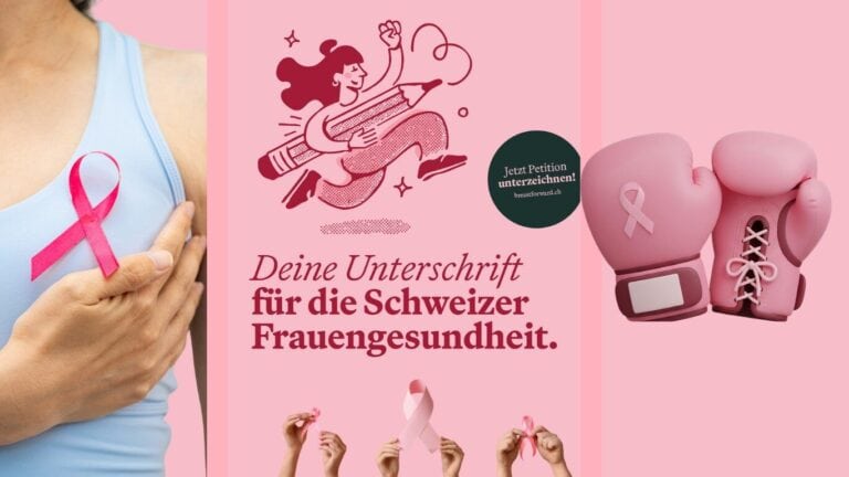 Ilustracija inicijative Breast Forward s ružičastom vrpcom, boksačkim rukavicama i pozivom na potpisivanje peticije za zdravlje žena u Švicarskoj.