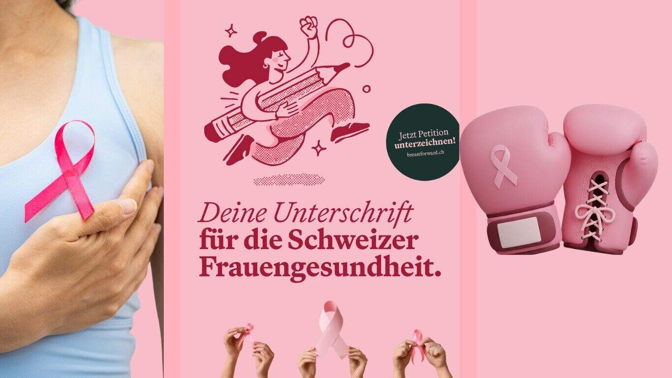 Ilustracija inicijative Breast Forward s ružičastom vrpcom, boksačkim rukavicama i pozivom na potpisivanje peticije za zdravlje žena u Švicarskoj.