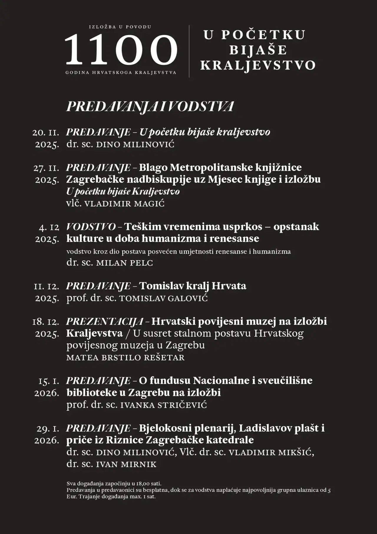 Plakat s rasporedom predavanja izložbe U početku bijaše kraljevstvo u Galeriji Klovićevi dvori, uključujući predavanje o bjelokosnom plenariju 29. siječnja 2026.