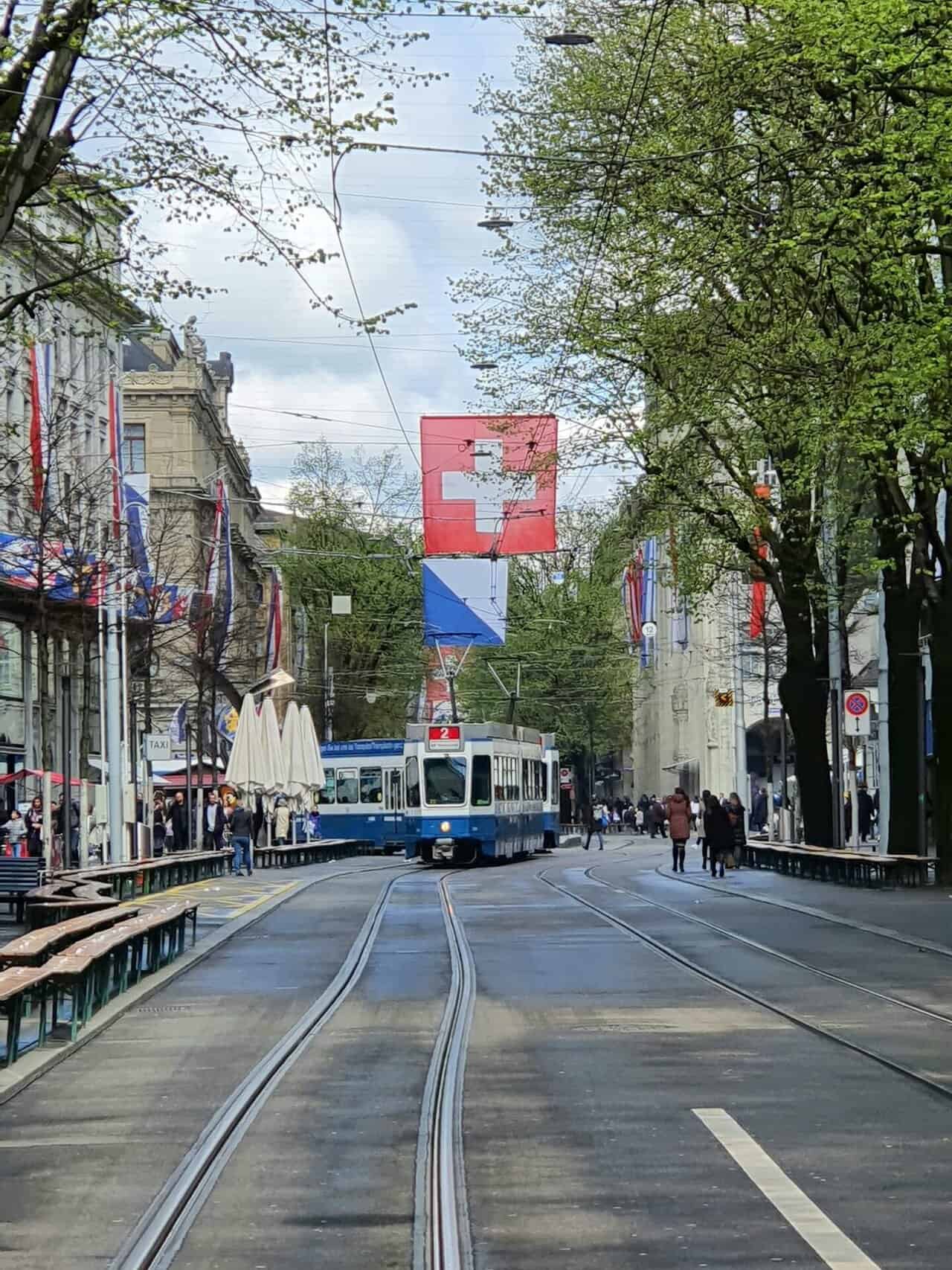Pogled na ulicu Bahnhofstrasse u Zürichu s plavim ciriškim tramvajem i istaknutom zastavom Švicarske, simbolizirajući slobodu kretanja i švicarsko tržište rada.
