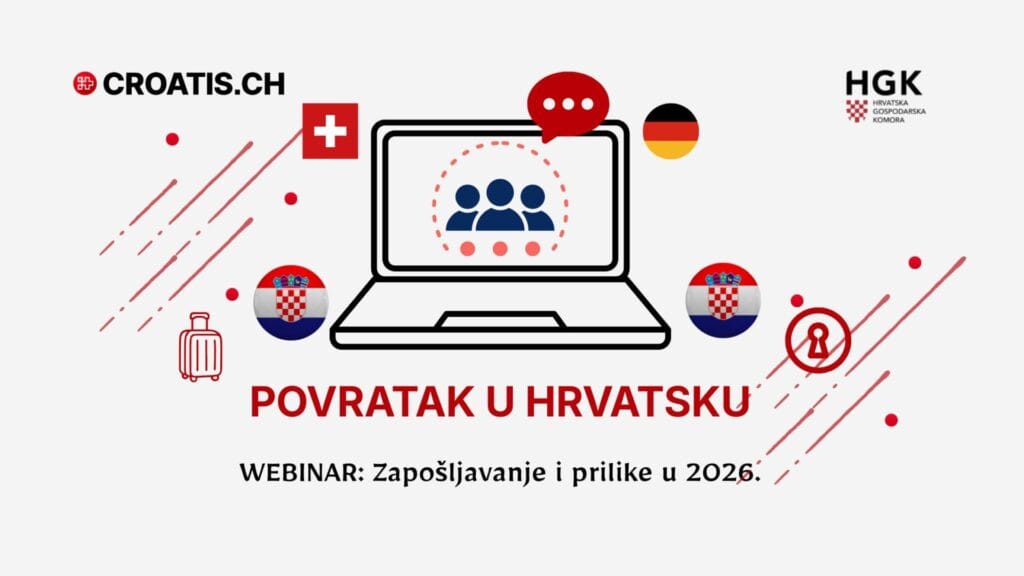 Ilustracija webinara HGK o povratku i zapošljavanju u Hrvatskoj 2026. godine za iseljenike iz Švicarske.