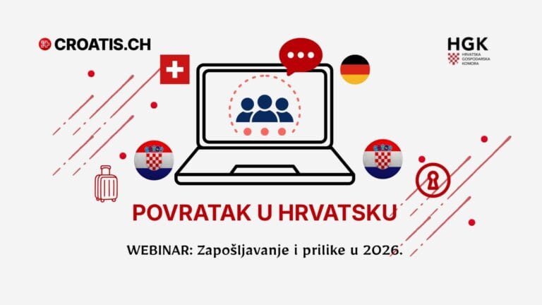 Ilustracija webinara HGK o povratku i zapošljavanju u Hrvatskoj 2026. godine za iseljenike iz Švicarske.