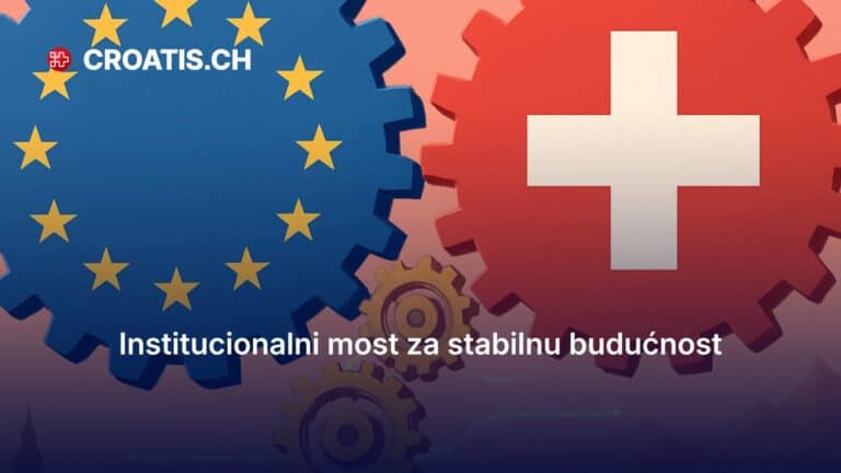 Konceptualna ilustracija u FT stilu koja prikazuje institucionalni most između Švicarske i Europske unije kao simbol gospodarske stabilnosti i regulatornog usklađivanja.