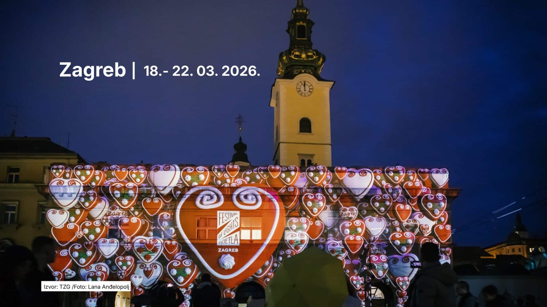 3D mapping projekcija Licitarskih srca na zgradi na Gornjem gradu tijekom Festivala svjetla Zagreb.