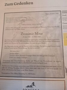 Obavijest o sprovodu Zvonimira Mitra objavljeno u Das Badener Tagblatt