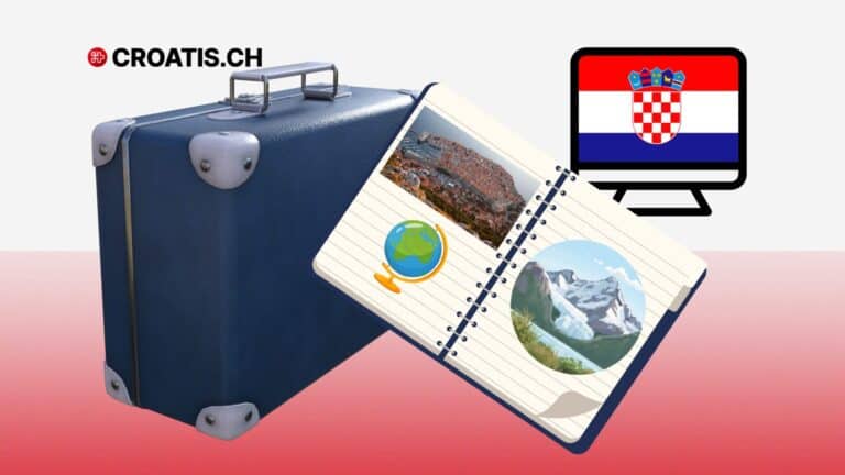 Ilustracija programa učenja hrvatskog jezika i kulture u Hrvatskoj 2026. s prikazom Dubrovnika, Zagreba i volonterskog kampa u Gospiću za iseljenike iz Švicarske.