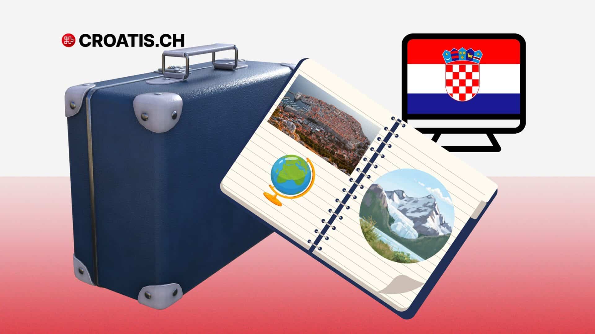 Ilustracija programa učenja hrvatskog jezika i kulture u Hrvatskoj 2026. s prikazom Dubrovnika, Zagreba i volonterskog kampa u Gospiću za iseljenike iz Švicarske.