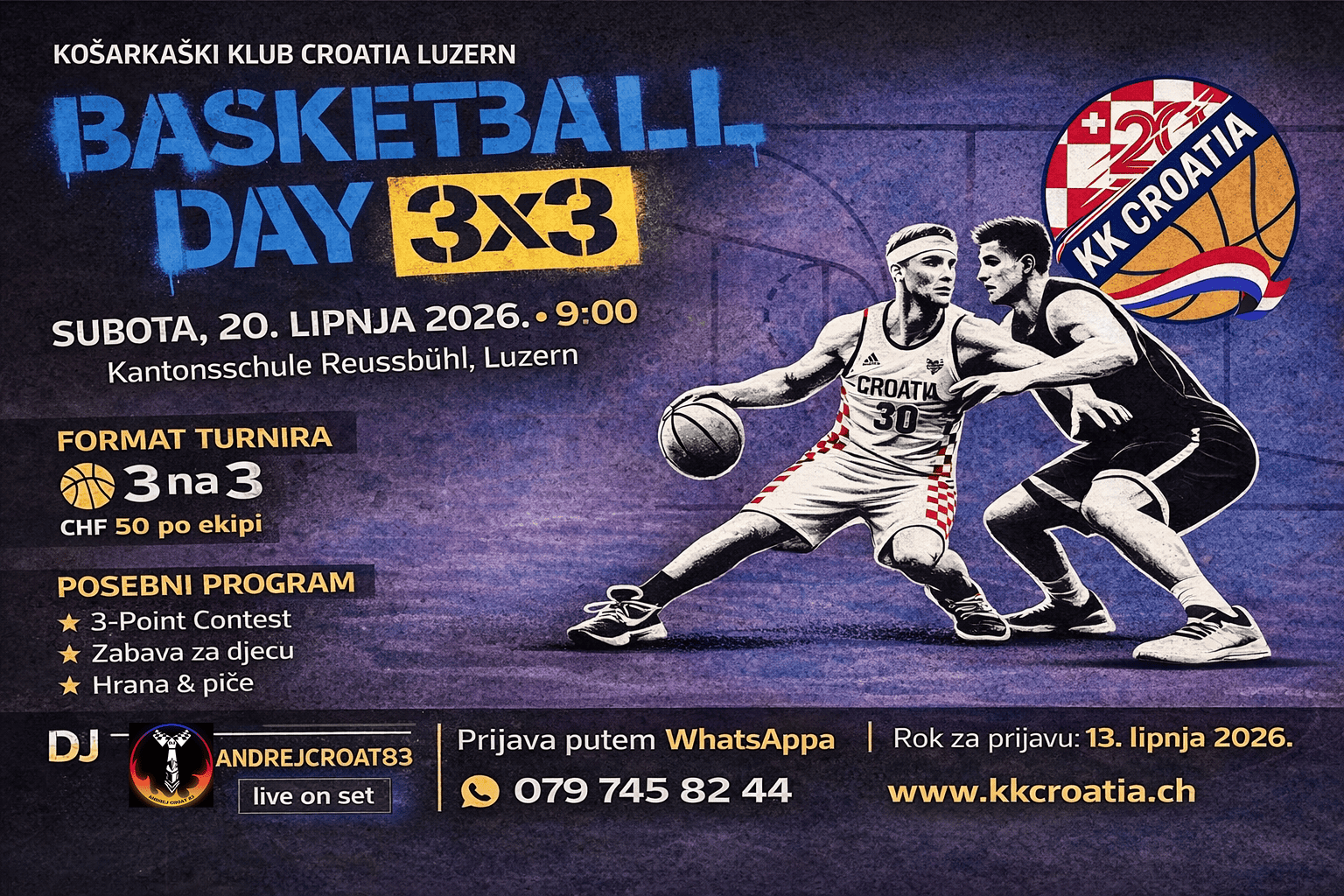 Službeni plakat za Basketball Day 3x3 KK Croatia Luzern 2026. s prikazom košarkaša i detaljima o turniru.