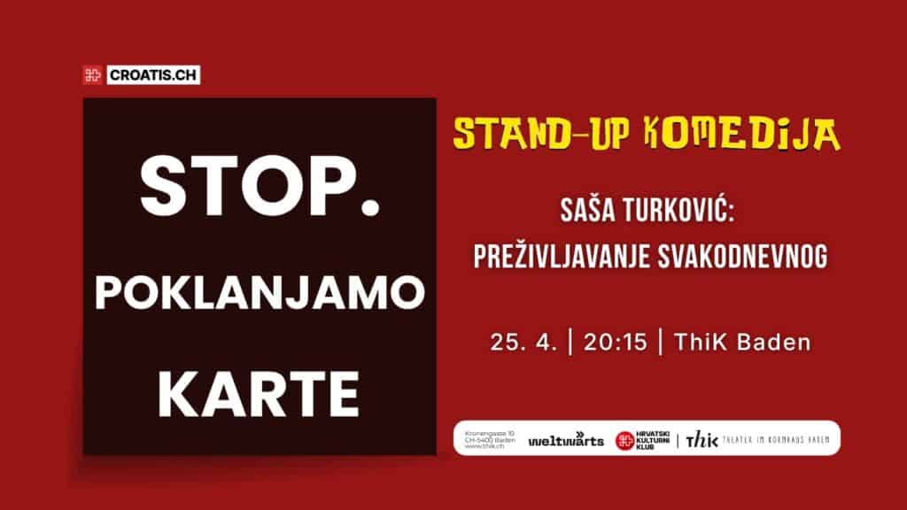 Ilustracija za nagradnu igru na portalu Croatis.ch: Poklanjamo karte za stand-up show Saše Turkovića u Badenu (25.04.)