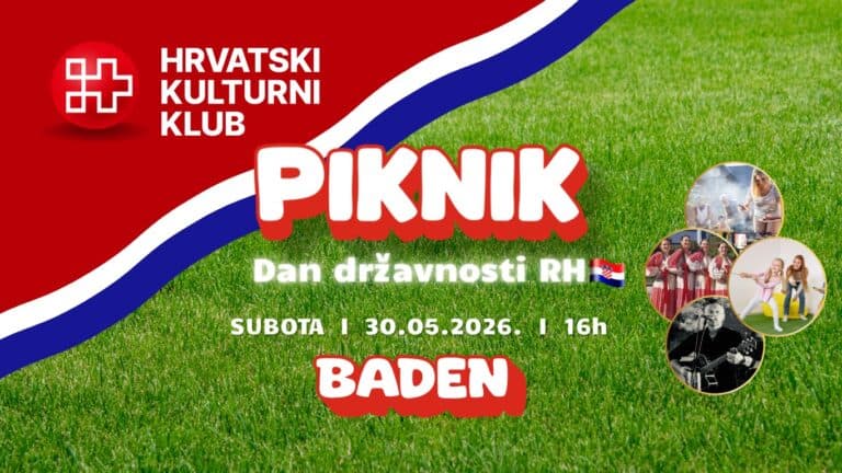 proslavi Hrvatskog piknika u Badenu ispred šumske kućice, prikaz folklora, roštilja i sportske zabave uz hrvatska obilježja.