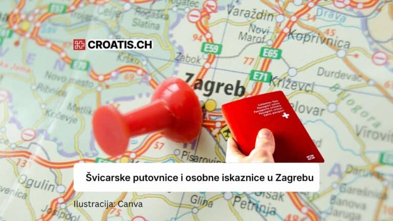 Švicarska putovnica i crvena pribadača na karti Zagreba – najava mobilnog konzularnog centra