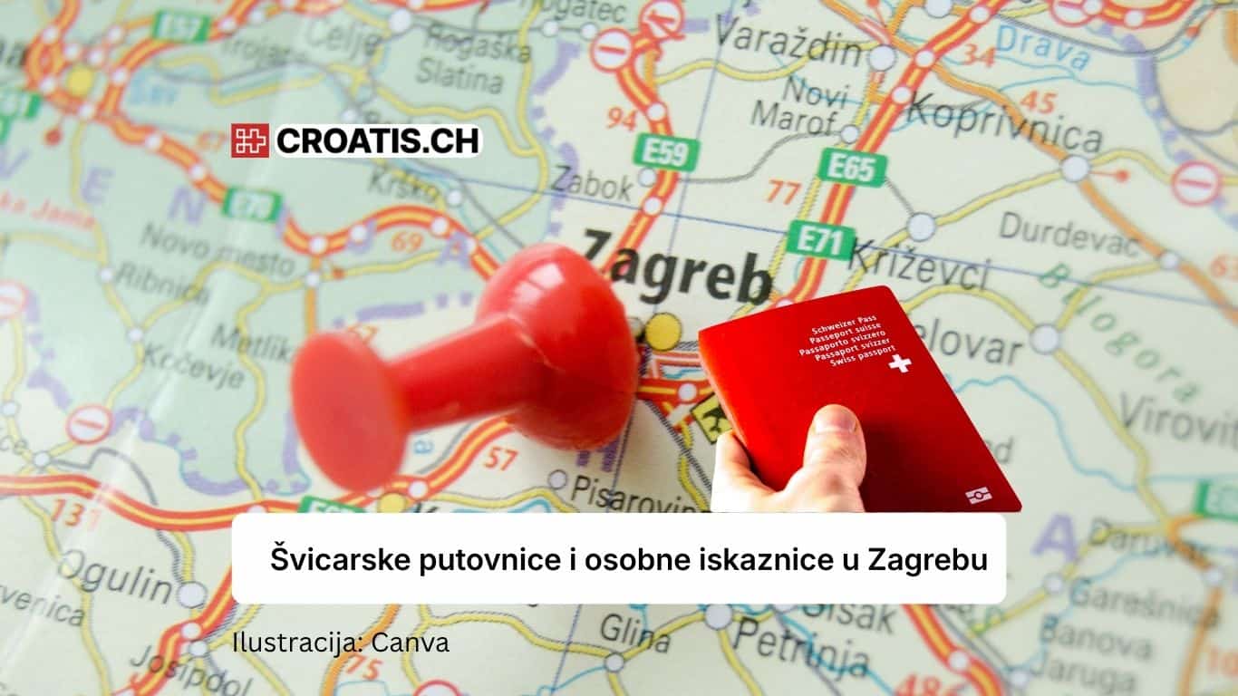 Švicarska putovnica i crvena pribadača na karti Zagreba – najava mobilnog konzularnog centra