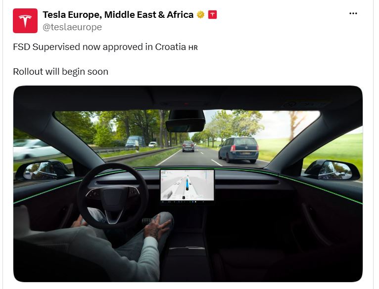 Screenshot objave profila Tesla Europe na platformi X koja potvrđuje odobrenje FSD Supervised sustava u Hrvatskoj